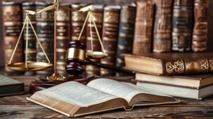 Law and justice concept. Gavel, books and scales of justice on wooden table