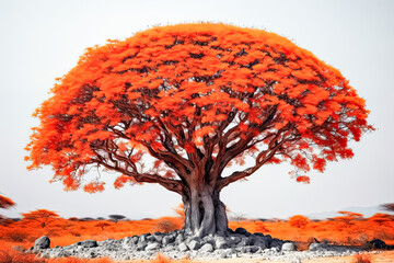 Wall Mural - A large tree with orange leaves stands in a field.