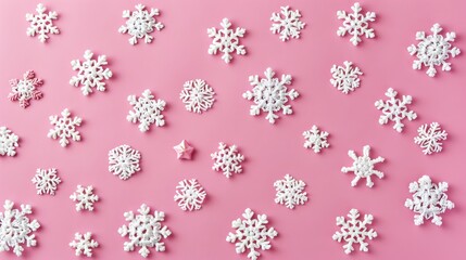 Sticker - Crocheted white snowflakes and stars on pink background in Scandinavian style