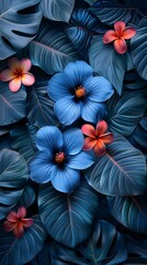 Poster - Beautiful flowers in blue tones. Pink tropical flower Plumeria, spa flower