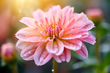 Wall Mural - A captivating close-up unfolds, revealing the delicate beauty of a zinnia blossom. Soft focus blurs the background, highlighting the flower's soft, pastel pink petals that dominate the frame. 