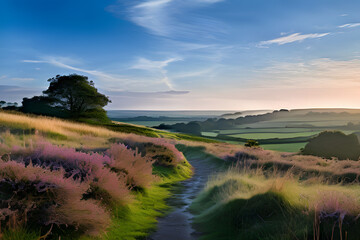 Canvas Print - The dewy landscape of Pewley Down in Guildford awakens. Bathed in the golden light of an early morning sun, the North Downs stretch out majestically, kissed by glistening dewdrops.
