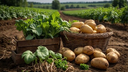 potato vegetable in a wooden basket with a background puppy dog in outerspace