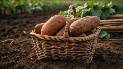 sweet potato vegetable in a wooden basket with a backg puppy dog in outerspace