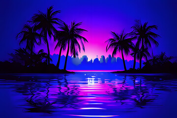 Poster -  A splash of summer nights! A vibrant neon purple background sets the scene for a minimalist summer vibe. Palm tree silhouettes sway gently, while a splash of water adds a touch of movement.