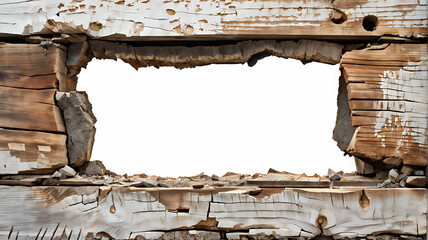  Hole breaking through wooden wall, cut out 