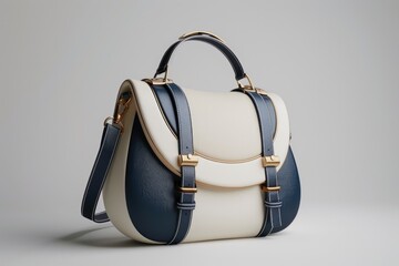 Women's handbag made of white and blue leather with a shoulder strap and gold clasps