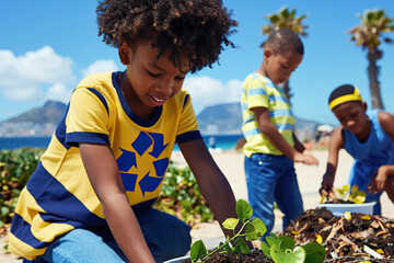 Wall Mural - Three young volunteers work together to plant trees on a beach. Their efforts will help to clean up the environment and make the beach a more beautiful and sustainable place.