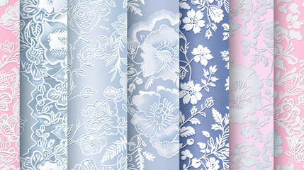 Poster - Delicate and elegant floral pattern collection with pastel hues, incorporating white flowers, leaves, and stems