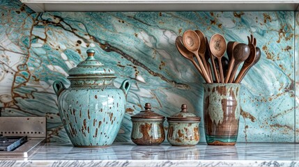 Ceramic blue jar filled with wooden kitchen utensils on clean white marble countertop in rustic, bright kitchen.
