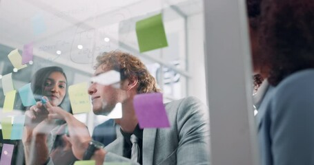 Poster - Glass, training and writing with business people in office for brainstorming a strategy together. Collaboration, teaching or workshop with man and woman employee team in workplace for problem solving
