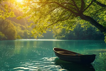 Wall Mural - Sunny river journey  boat, green trees, natural light in ai generated nature landscape