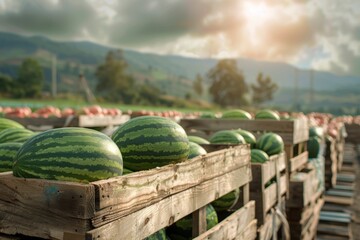 Scenic countryside farm stand with fresh watermelons in wooden crates at warehouse