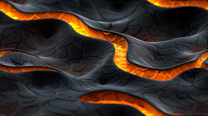 Poster - Abstract black rock formation with a rough surface flowing with glowing orange lava