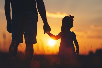 Parent and Child Silhouette Holding Hands at Sunset. Family Bond and Care in Nature