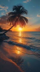 Canvas Print - A peaceful beach scene, showcasing a single palm tree silhouetted against a vibrant sunset with waves lightly brushing the shore.