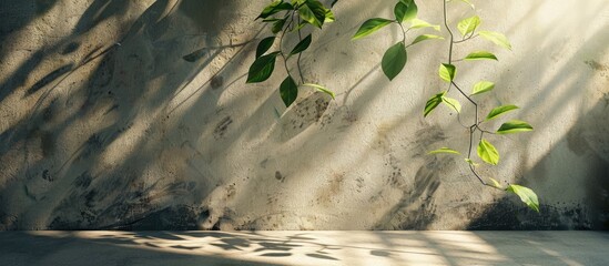 Wall Mural - Summer sun casting shadow of green leaves on branch onto wall and floor in sunlight, with empty space for text.