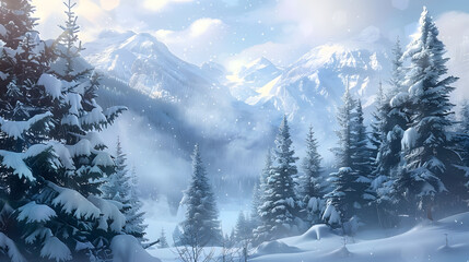 Sticker - Holiday background featuring winter trees in snow covered mountains Enchanting winter scenery