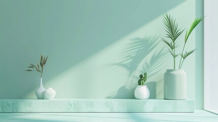 Canvas Print - A serene, minimalist scene featuring a soft green background with potted plants casting shadows on a ledge.