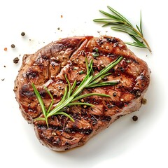 Wall Mural - Grilled steak with rosemary on white background. Juicy meat cooked to perfection. Gourmet meal presentation. Ideal for cooking magazines, recipe books, food blogs and restaurant menus. AI