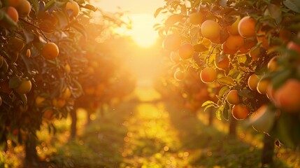 Poster - A close-up of ripe apples hanging from a tree branch in an orchard, with the setting sun creating a warm, golden glow. Generative AI