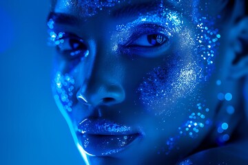 Visionary Blue Portrait of a Woman with Reflective Skin and Light Texture in a Caring Pose, Inspiring Community