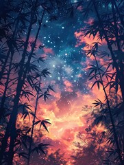 Poster - a night sky with stars and bamboo trees