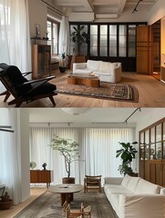 Poster - Side-by-side images of modern living rooms showcasing stylish furniture, soft lighting, and cozy accents blending classic and contemporary styles.