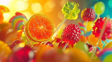 Aufkleber - A close-up image of colorful candy and fruit lollipops on sticks, set against a bright bokeh background. Generative AI