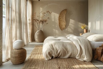 Wall Mural - A bedroom with a white bed, a rug, and a vase