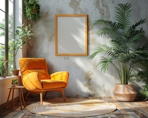 Sticker - Room filled with greenery and natural light featuring a cozy, vibrant orange upholstered chair amid rustic decor, providing a warm and inviting atmosphere.