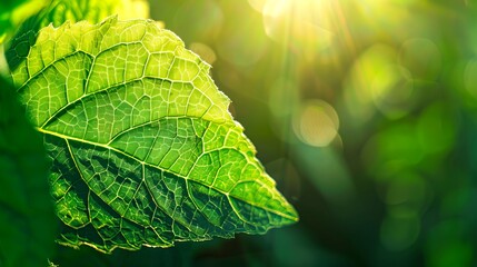 Wall Mural - Close-up of a vibrant green leaf with sunlight. Macro photography showing intricate leaf texture. Ideal for nature, ecology, botany, and environmental themes. AI