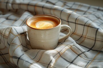 Wall Mural - A white coffee cup with a brown swirl on top sits on a plaid cloth