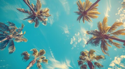 Wall Mural - An upward perspective of tall palm trees against a blue sky with wispy clouds, evoking a serene and tropical feeling, perfect for summer vibes.