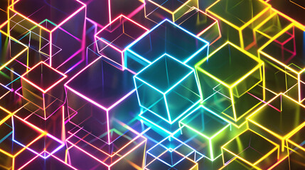 Poster - abstract background showing interconnected neon cubes glowing in the dark, a futuristic technology c