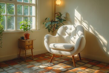 Wall Mural - A white chair is sitting in a room with a window and a plant