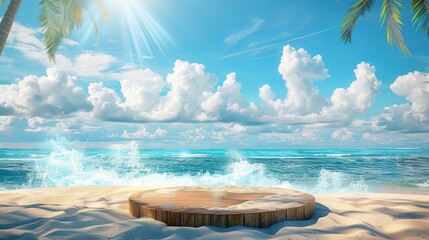 Wall Mural - A sunny tropical beach featuring a round wooden platform, swaying palm trees, and gentle waves crashing onto the golden sands under the radiant blue sky with fluffy clouds.