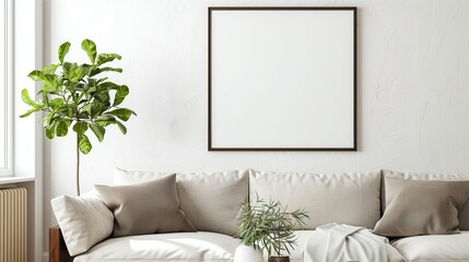 Sticker - A bright minimalist living room featuring a comfortable white sofa, a green houseplant, and a blank square frame on the wall lit by natural sunlight.