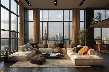 Wall Mural - A large living room with a white couch and a brown couch