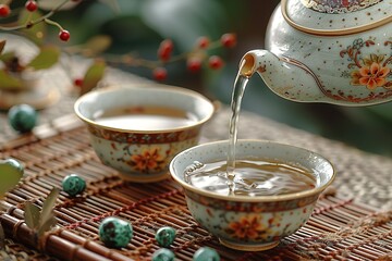 Wall Mural - A teapot is pouring tea into two cups on a table