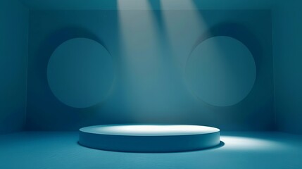 Poster - An isolated, empty blue stage scene with a central platform under spotlights, featuring circular backgrounds giving a serene, minimalist ambiance.