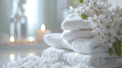 A serene arrangement of stacked white towels decorated with blossoms, set in a spa-like environment that includes a soothing candle and delicate decor elements, creating a calming scene.