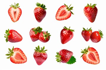 Wall Mural - A collection of fresh, red strawberries isolated on a white background. Some strawberries are whole, while others are sliced in half. Generative AI