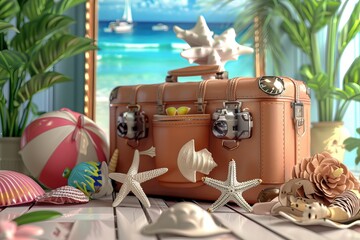 Canvas Print - A charming, nostalgic scene featuring a leather suitcase filled with beach essentials like starfish, shells, and sunglasses, positioned in front of a beautiful tropical beach backdrop.