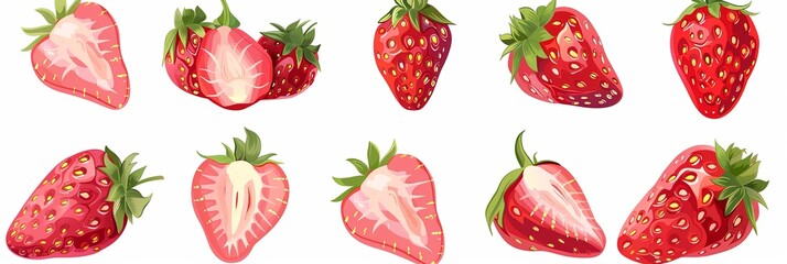 Aufkleber - A collection of red strawberries, both whole and halved, isolated on a white background. Generative AI