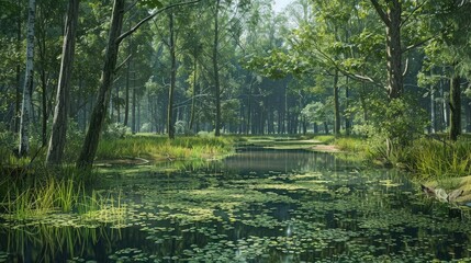 Wall Mural - Spring forest swamp with a marshy area