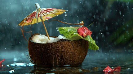 A coconut water drink served in a coconut shell