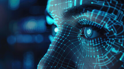Poster - Facial recognition technology, face of woman with data of AI biometric system, 3d digital scanning and identification. Concept of person, id, deepfake, people, science