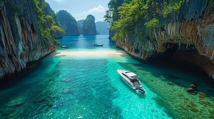 Poster - This image presents an exotic tropical beach featuring clear blue water, white sand, boats, and lush greenery, embodying the perfect vacation getaway and serene leisure spot.