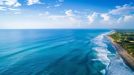 Canvas Print - An expansive aerial view captures the serene beauty of a blue ocean with gentle waves and a distant coastline under a bright, clear sky.